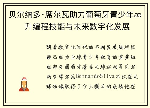 贝尔纳多·席尔瓦助力葡萄牙青少年提升编程技能与未来数字化发展
