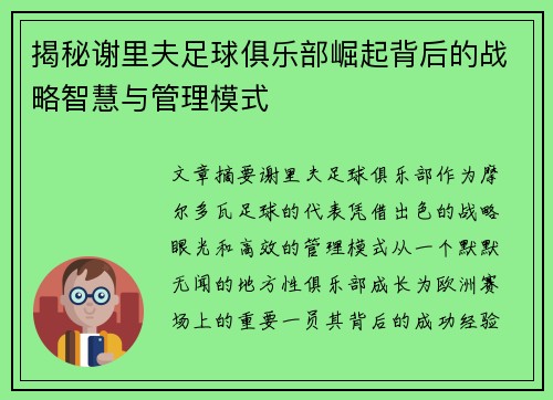 揭秘谢里夫足球俱乐部崛起背后的战略智慧与管理模式 揭秘谢里夫足球俱乐部崛起背后的战略智慧与管理模式