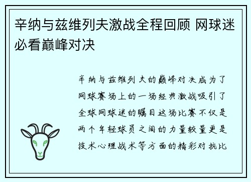 辛纳与兹维列夫激战全程回顾 网球迷必看巅峰对决